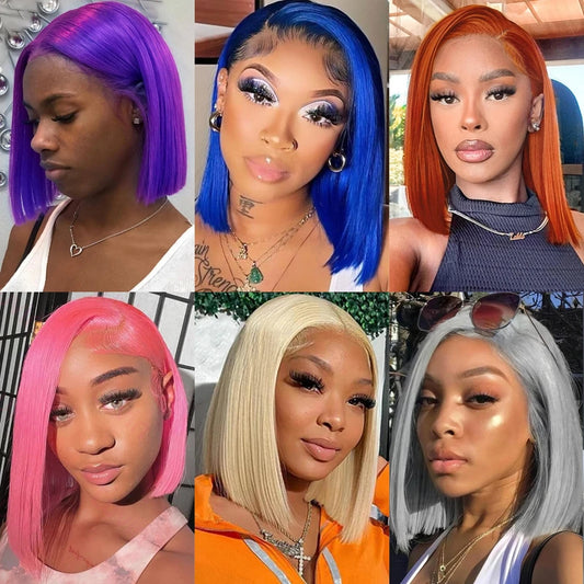 Human Hair Wig Grey Bob Wigs 200% 13x4 HD Transparent Ginger Orange Lace Front Bob Blunt Cut Straight Colored Wigs Pre Plucked