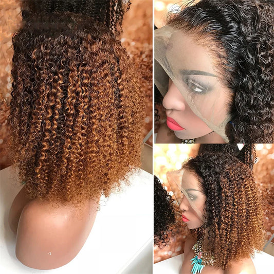 Afro Kinky Curly Human Hair Wigs For Women 13x6 Lace Front Wig Ombre 1B 27 Ombre Honey Blonde Pre plucked Transparent Lace Bob