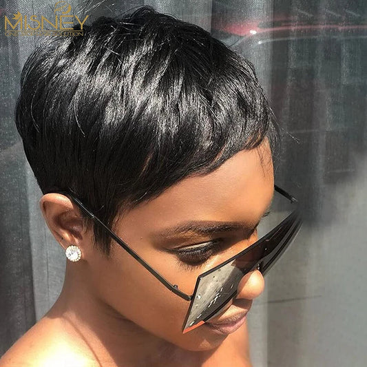 Short Human Hair Wigs Pixie Cut Straight perruque Brazilian Virgin for Black Women Machine Made Wigs With Bangs Cheap Glueless W