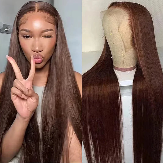 #4 Chocolate Brown Straight Human Hair Wig Straight 13x4 Transparent Lace Frontal Human Hair Wig 200% Density For Women